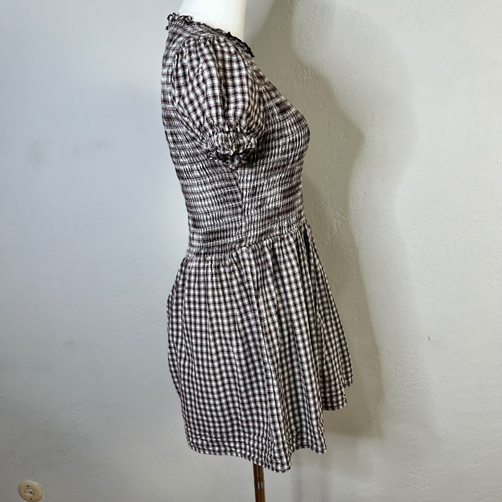 RIHOAS Brown Gingham Smocked Mini Dress Cotton Puff Sleeve Cottagecore Medium - Picture 5 of 9